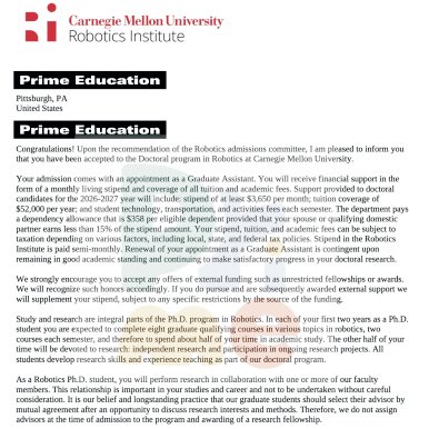 Offer letter from Carnegie Mellon University
