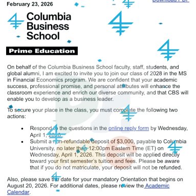 Offer letter from Columbia Business School