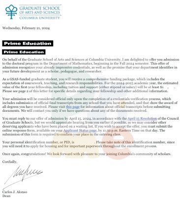Offer letter from Columbia University
