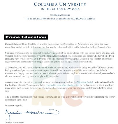 Offer letter from Columbia University