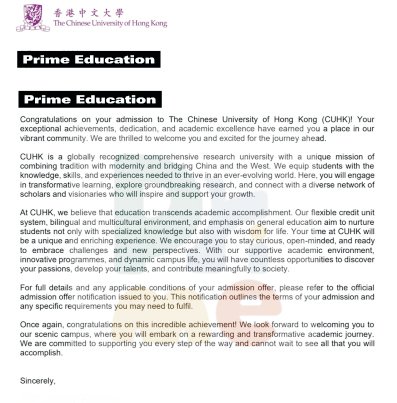 Offer letter from The Chinese University of Hong Kong