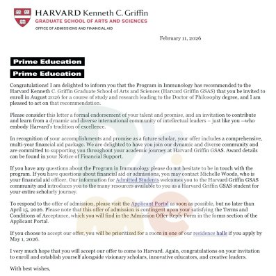 Offer letter from Harvard University