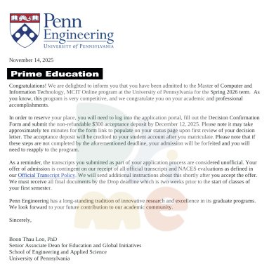 Offer letter from University of Pennsylvania