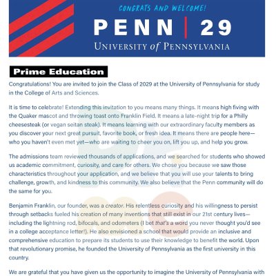 Offer letter from University of Pennsylvania