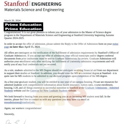 Offer letter from Stanford University