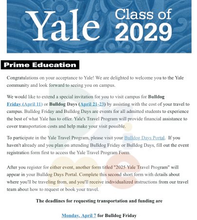 Offer letter from Yale University